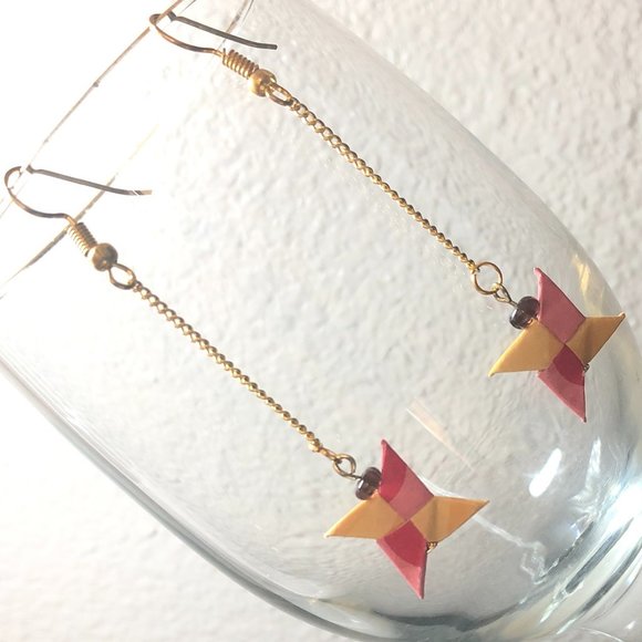 Origami Shuriken-Star Chain drop Earrings - HM - Picture 2 of 3